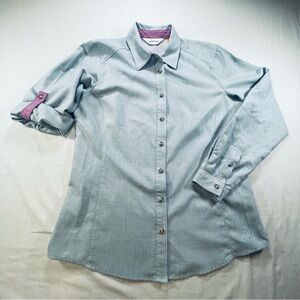 Orvis Women's Small Button Down Fishing Shirt Roll Tab Sleeves Blue Wicking